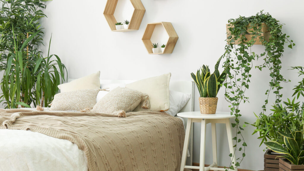 Bedroom with multiple plants.
