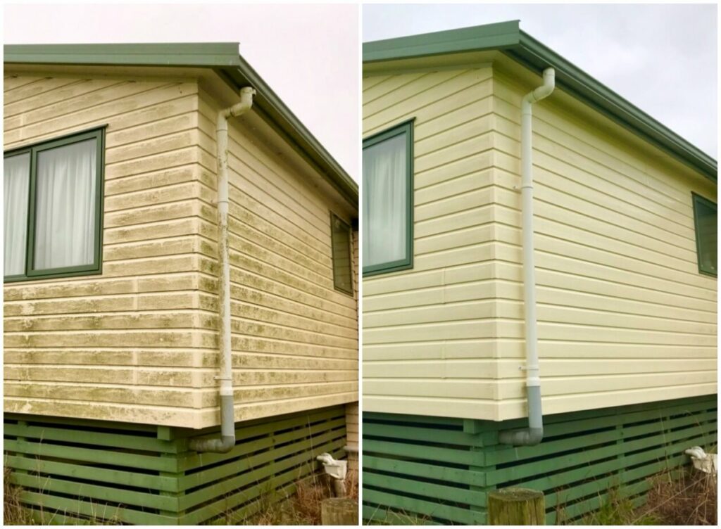 before and after images of a soft wash done professionally on a painted wooden house