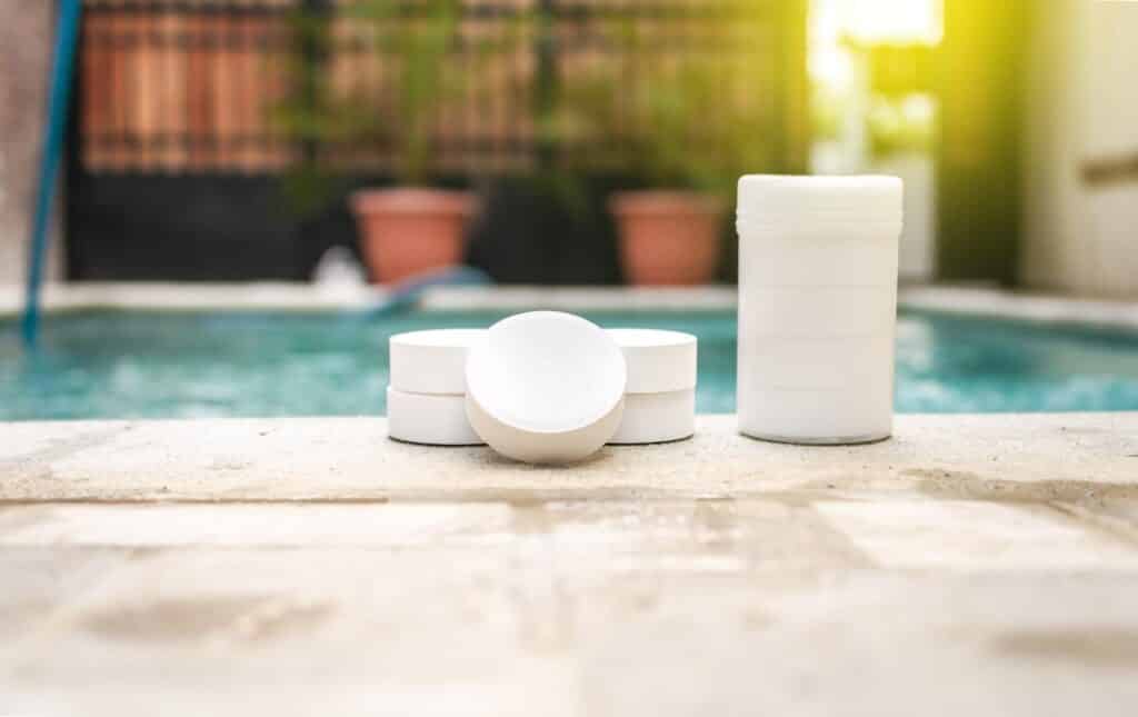 Close up of chlorine tablets for pool cleaning, chlorine tablets to clean pools, concept of chlorine tablets to sanitize pools