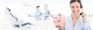 Affordable dental care concept image with dental workers at a clinic and a smiling receptionist.