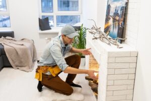 A technician repairs a fireplace inside a home.