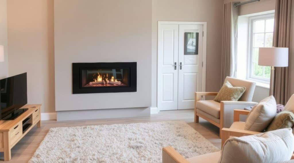 modern fireplace with cream furniture