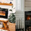 a split image comparing a gas vs wood fire place