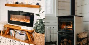 a split image comparing a gas vs wood fire place