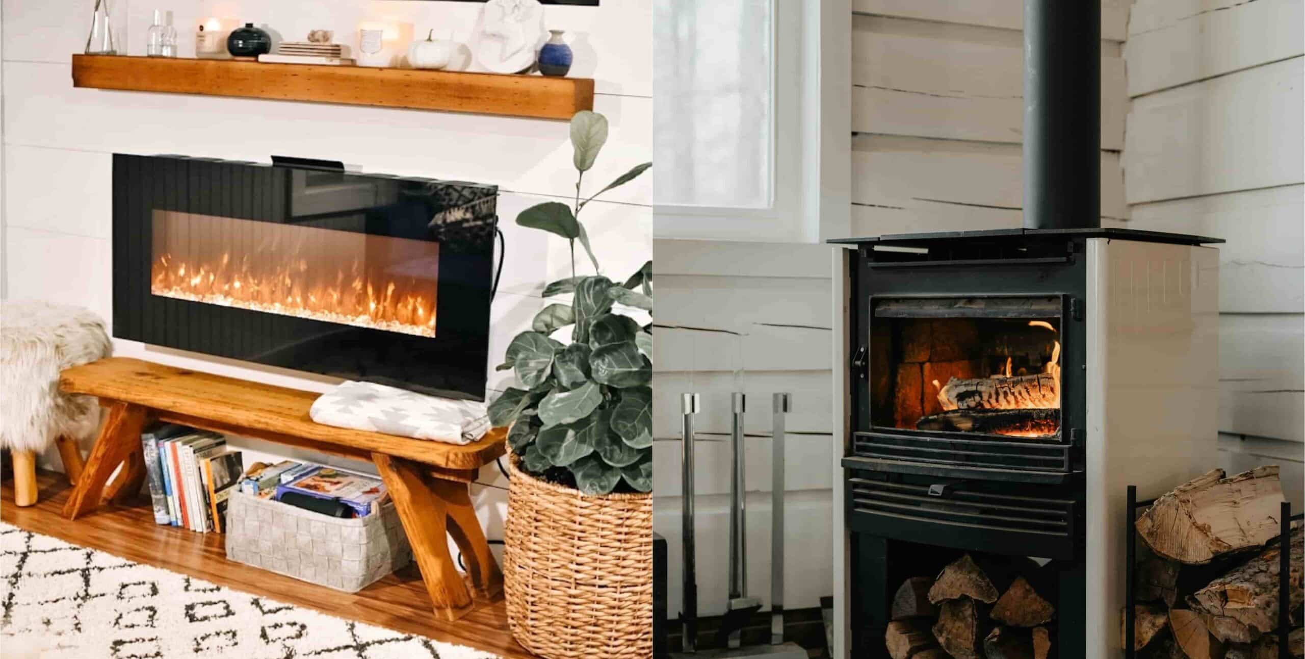 a split image comparing a gas vs wood fire place