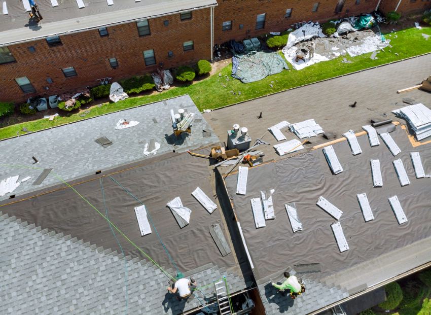 Roofers installing asphalt shingles on a large residential building during a full roof replacement, with underlayment and materials visible.