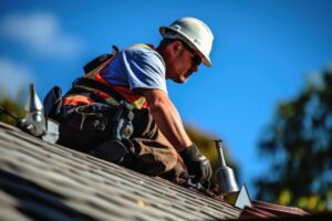 An experienced roofing specialist installing a metal roof under a clear blue sky.