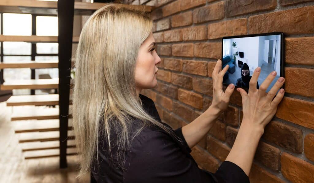 woman looknig at an ipad showing security system