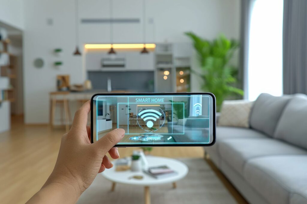 person holding phone with smart home screen
